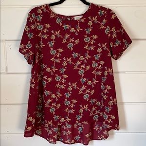 Burgundy Floral Print Short Sleeve Blouse